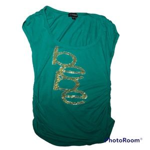 Y2K green bebe rhinestone top with ruching on sides size medium